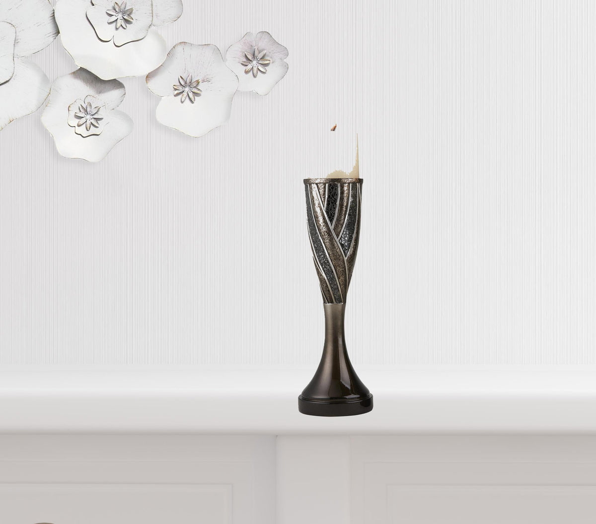 Set of Two Black Silver and Bronze Polyresin Abstract Centerpiece Pillar Candle Holders With Candle By Homeroots | Candle Holders | Modishstore - 1