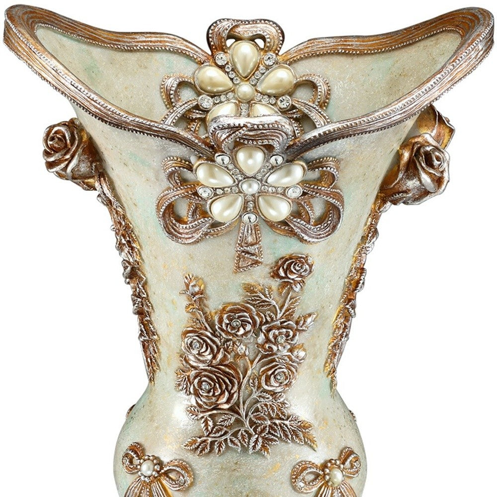 Green Bronze and Silver Floral Trumpet Polyresin Table Vase With Stones By Homeroots | Vases | Modishstore - 4