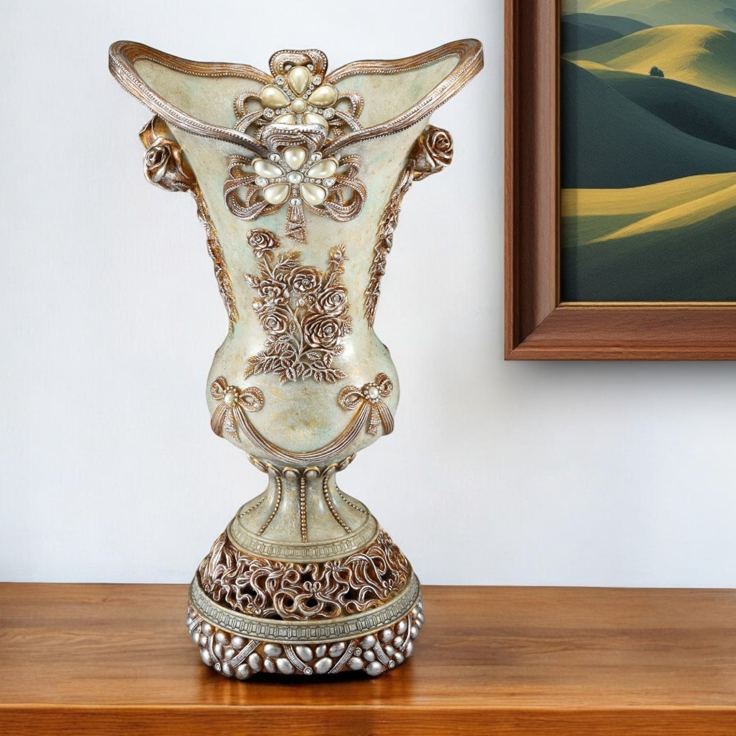 Green Bronze and Silver Floral Trumpet Polyresin Table Vase With Stones By Homeroots | Vases | Modishstore - 1