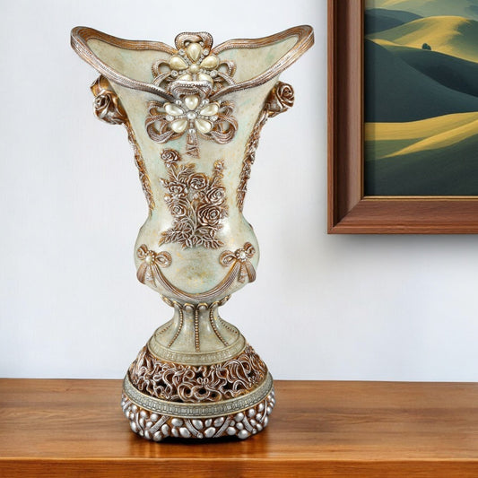 Green Bronze and Silver Floral Trumpet Polyresin Table Vase With Stones By Homeroots | Vases | Modishstore - 1