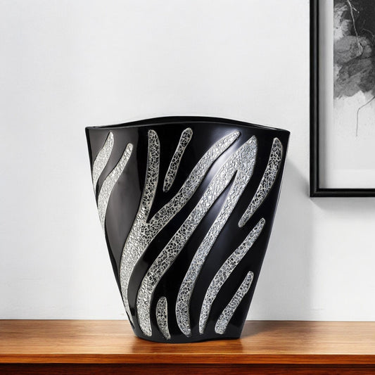 Black And Silver Striped Wavy Polyresin Table Vase By Homeroots | Vases | Modishstore - 1