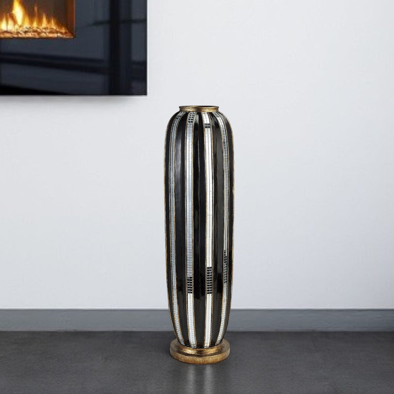 Black and Silver Striped Cylinder Polyresin Floor Vase By Homeroots | Vases | Modishstore - 1