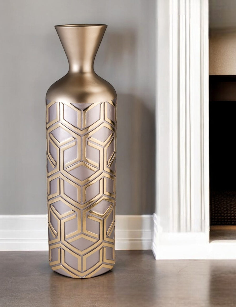 Rose Gold Geometric Cylinder Polyresin Floor Vase By Homeroots | Vases | Modishstore - 2