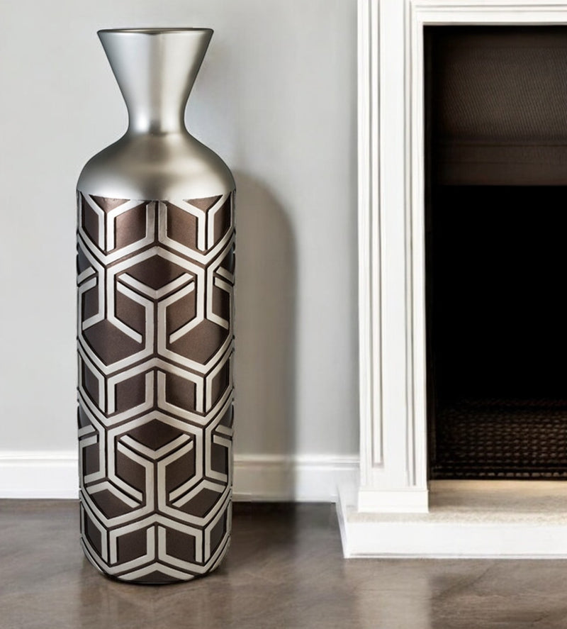Brown and Silver Geometric Cylinder Polyresin Floor Vase By Homeroots | Vases | Modishstore - 1