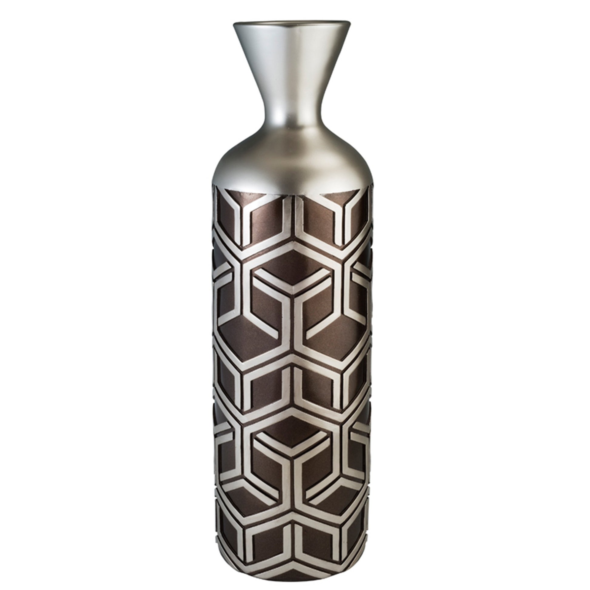 Brown and Silver Geometric Cylinder Polyresin Floor Vase By Homeroots | Vases | Modishstore - 2