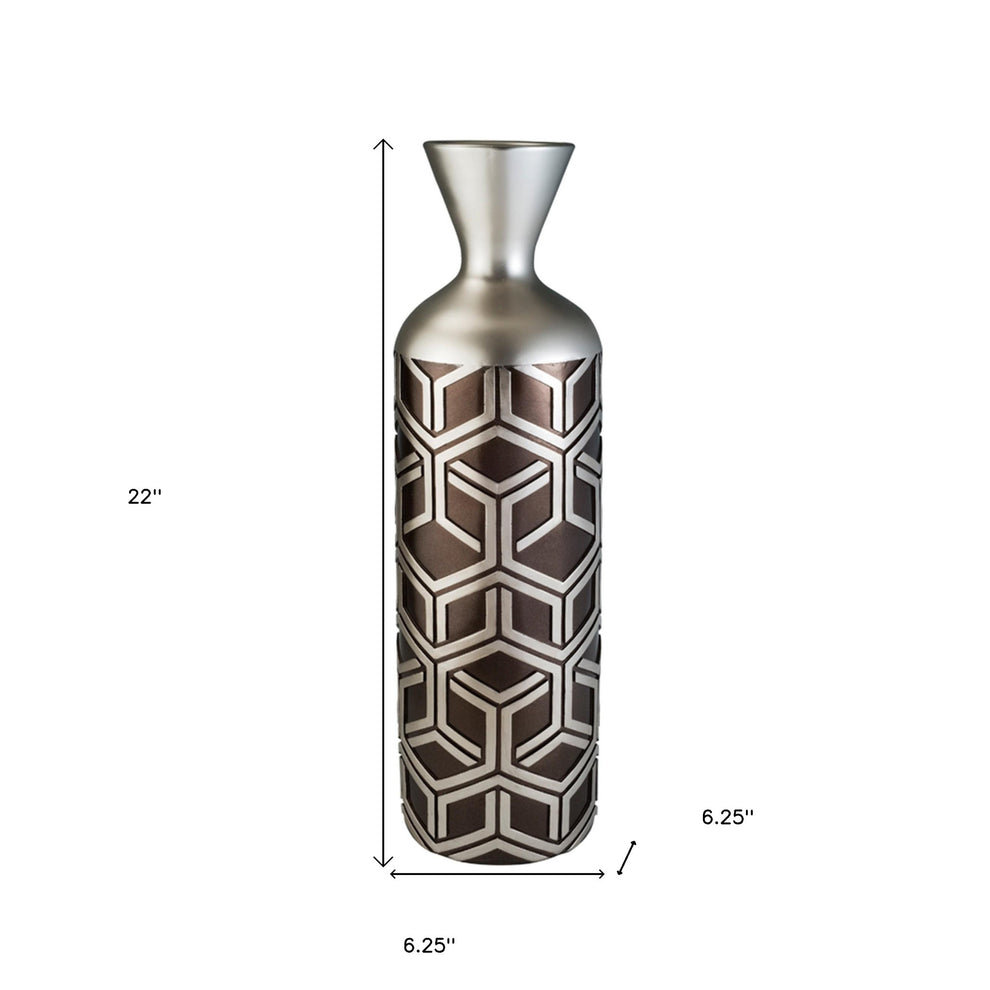 Brown and Silver Geometric Cylinder Polyresin Floor Vase By Homeroots | Vases | Modishstore - 5
