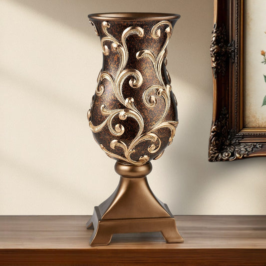 Espresso and Gold Floral Urn Polyresin Table Vase By Homeroots | Vases | Modishstore - 1