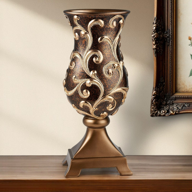 Espresso and Gold Floral Urn Polyresin Table Vase By Homeroots | Vases | Modishstore - 1