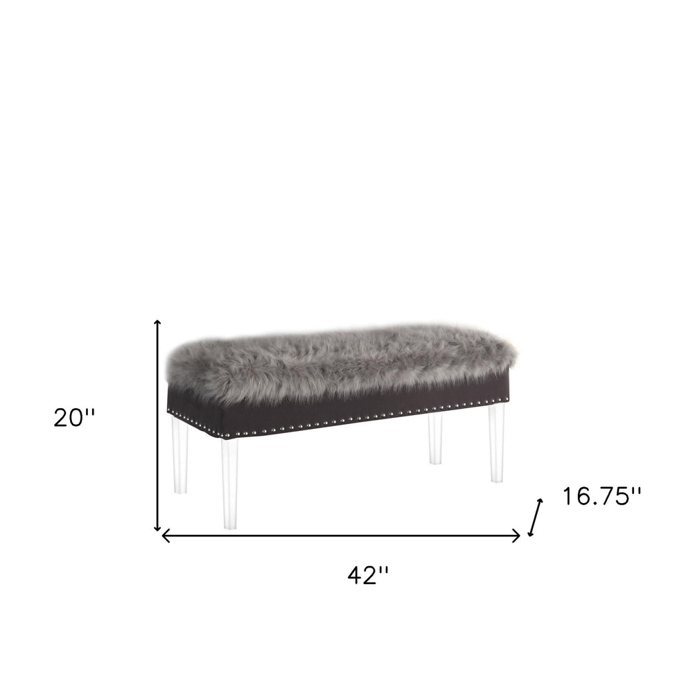Gray and Clear Faux Fur Upholstered Storage Bench with Flip Top By Homeroots | Benches | Modishstore - 5