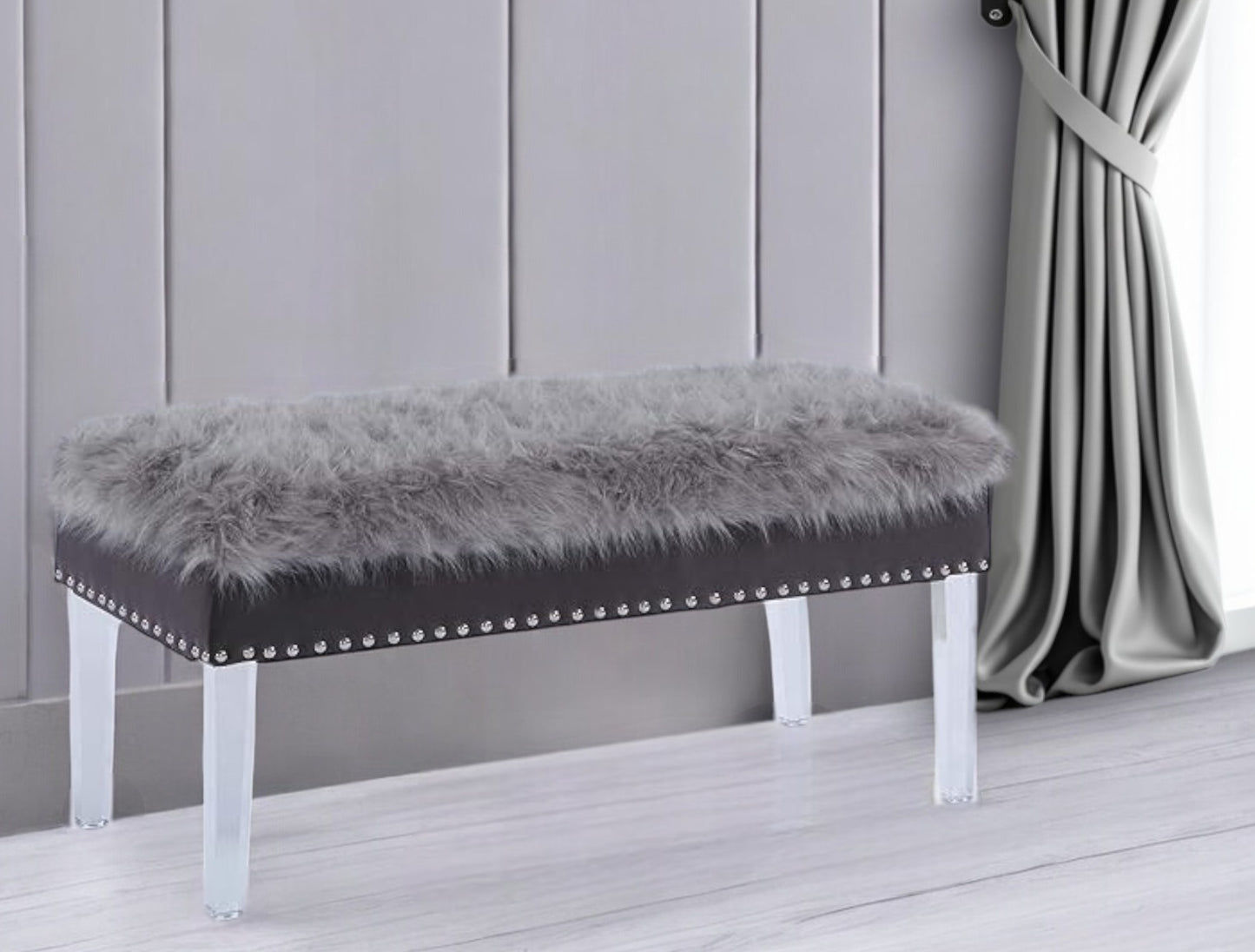 Gray and Clear Faux Fur Upholstered Storage Bench with Flip Top By Homeroots | Benches | Modishstore - 1