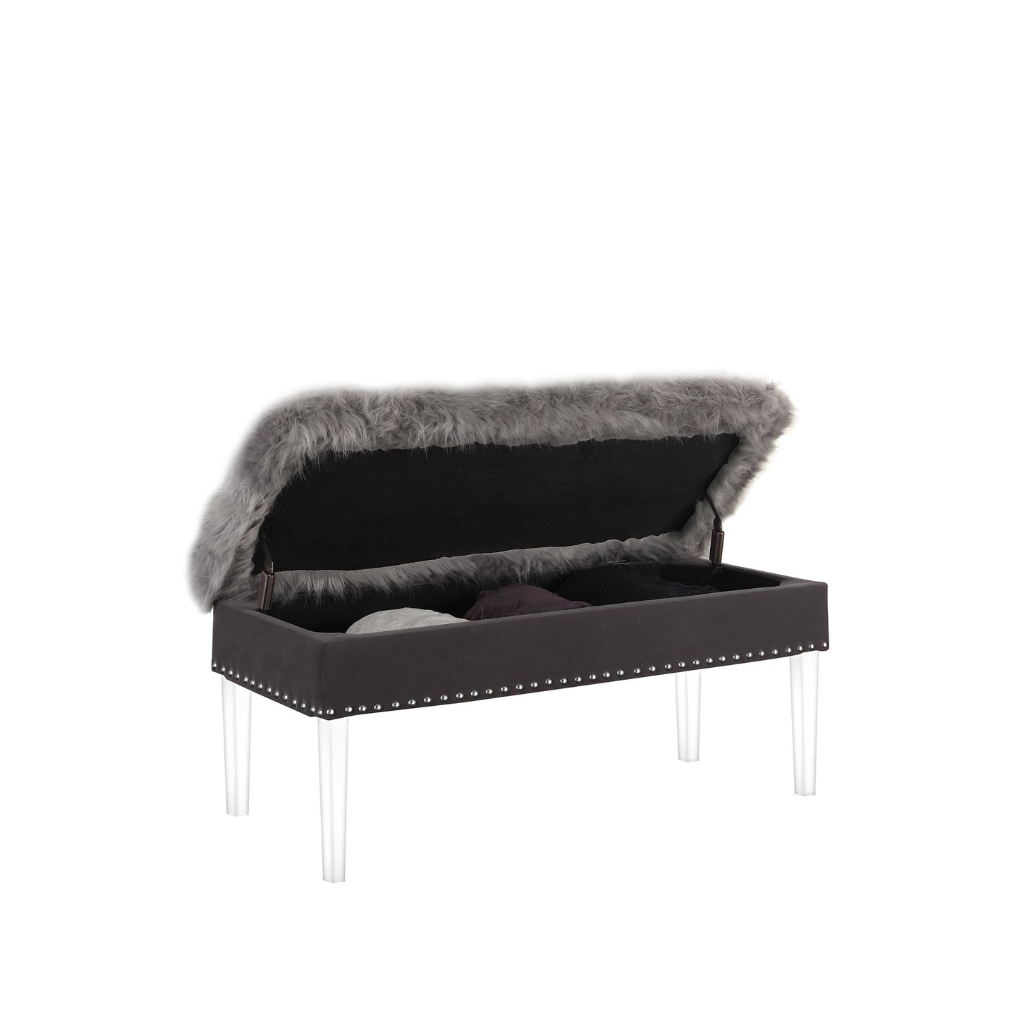 Gray and Clear Faux Fur Upholstered Storage Bench with Flip Top By Homeroots | Benches | Modishstore - 3