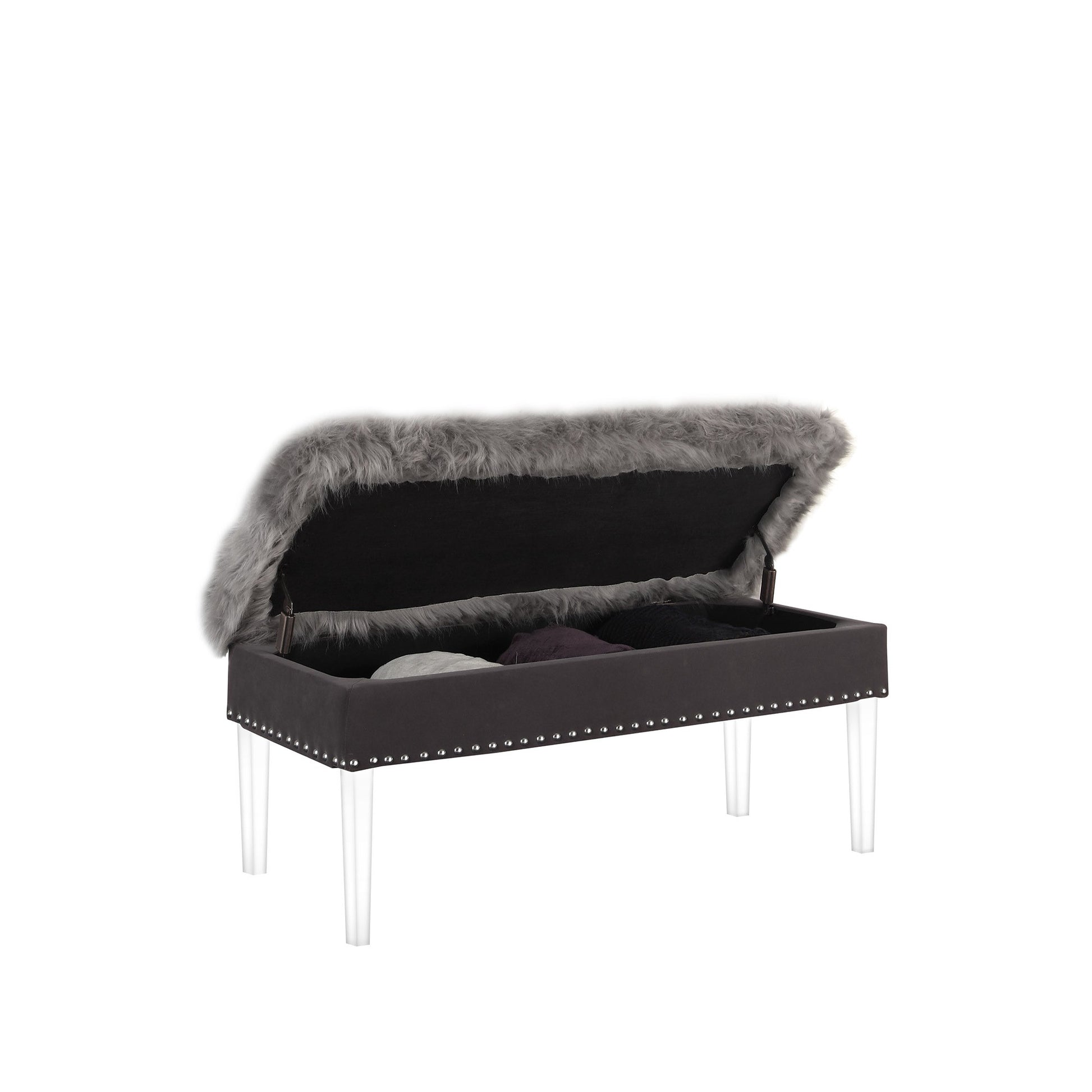 Gray and Clear Faux Fur Upholstered Storage Bench with Flip Top By Homeroots | Benches | Modishstore - 3