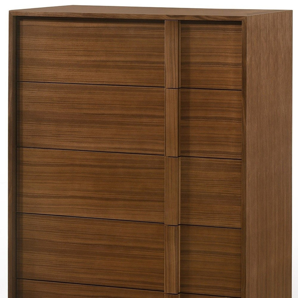 Walnut Brown Wood Contemporary Five Drawer Dresser By Homeroots | Dressers | Modishstore - 4