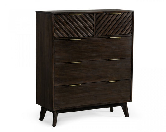 Dark Acacia Solid Wood Five Drawer Dresser By Homeroots | Dressers | Modishstore - 1