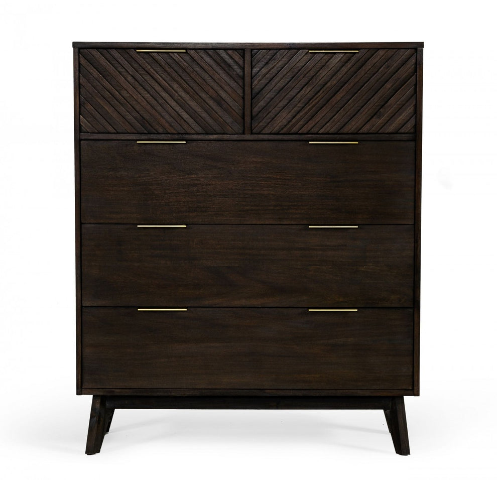 Dark Acacia Solid Wood Five Drawer Dresser By Homeroots | Dressers | Modishstore - 2