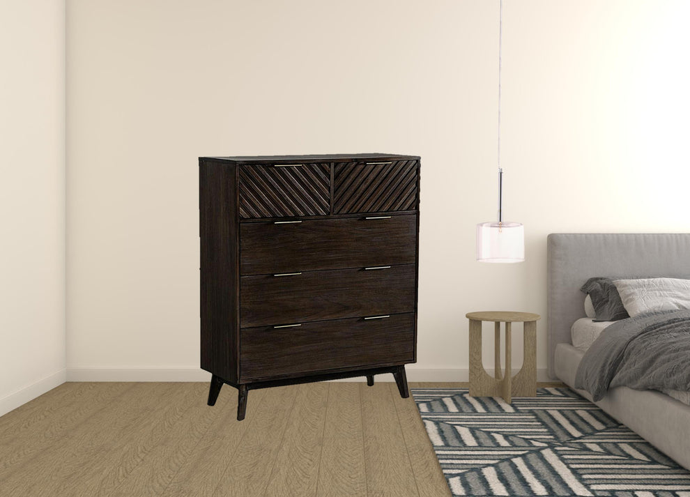 Dark Acacia Solid Wood Five Drawer Dresser By Homeroots | Dressers | Modishstore - 3