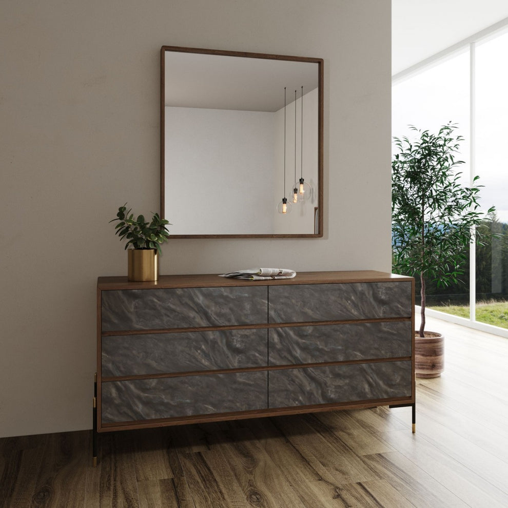 Walnut And Grey Faux Marble Wood Six Drawer Double Dresser By Homeroots | Dressers | Modishstore - 2