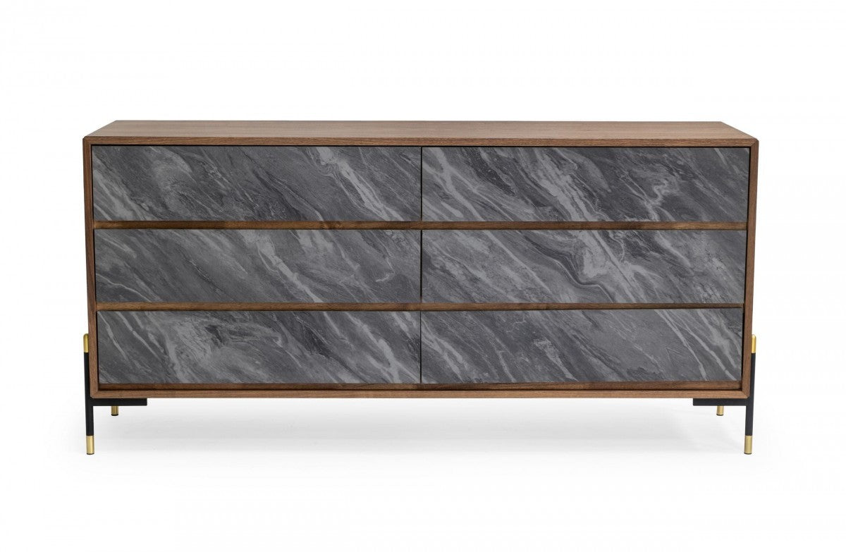 Walnut And Grey Faux Marble Wood Six Drawer Double Dresser By Homeroots | Dressers | Modishstore - 1