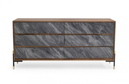 Walnut And Grey Faux Marble Wood Six Drawer Double Dresser By Homeroots | Dressers | Modishstore - 1