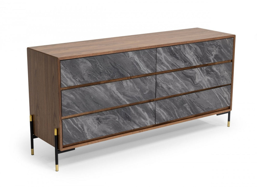 Walnut And Grey Faux Marble Wood Six Drawer Double Dresser By Homeroots | Dressers | Modishstore - 7