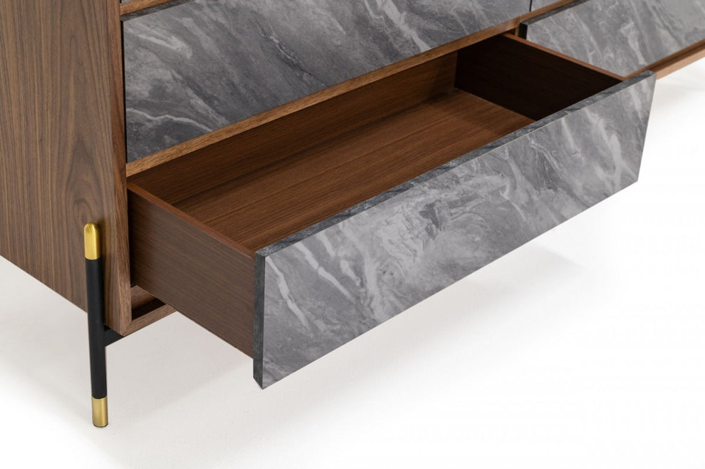 Walnut And Grey Faux Marble Wood Six Drawer Double Dresser By Homeroots | Dressers | Modishstore - 3