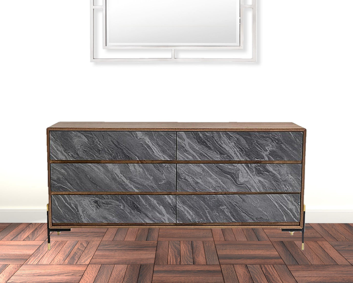 Walnut And Grey Faux Marble Wood Six Drawer Double Dresser By Homeroots | Dressers | Modishstore - 8