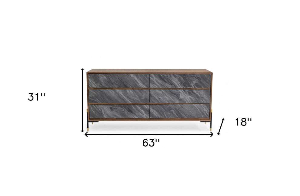 Walnut And Grey Faux Marble Wood Six Drawer Double Dresser By Homeroots | Dressers | Modishstore - 4