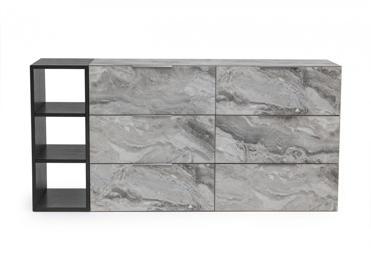 Grey Faux Marble and Black Wood Six Drawer Double Dresser By Homeroots | Dressers | Modishstore - 1