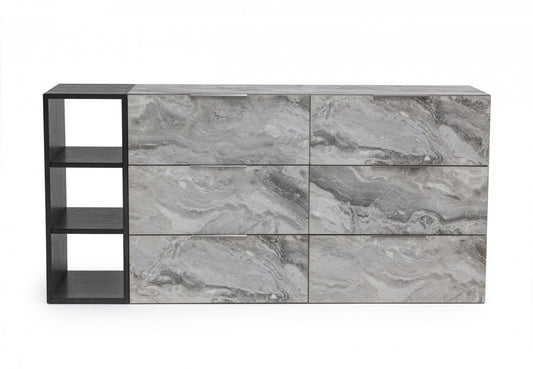 Grey Faux Marble and Black Wood Six Drawer Double Dresser By Homeroots | Dressers | Modishstore - 1