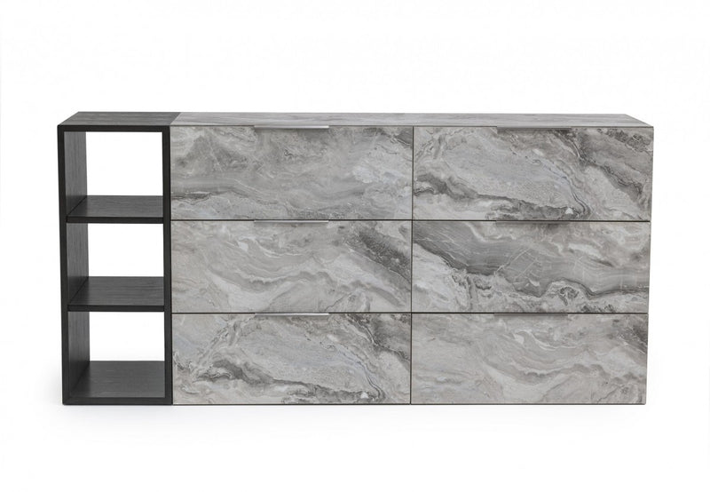 Grey Faux Marble and Black Wood Six Drawer Double Dresser By Homeroots | Dressers | Modishstore - 1