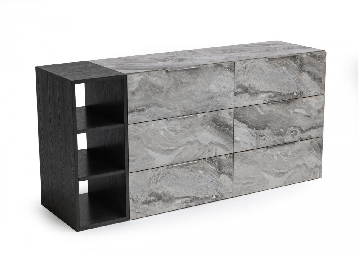 Grey Faux Marble and Black Wood Six Drawer Double Dresser By Homeroots | Dressers | Modishstore - 2
