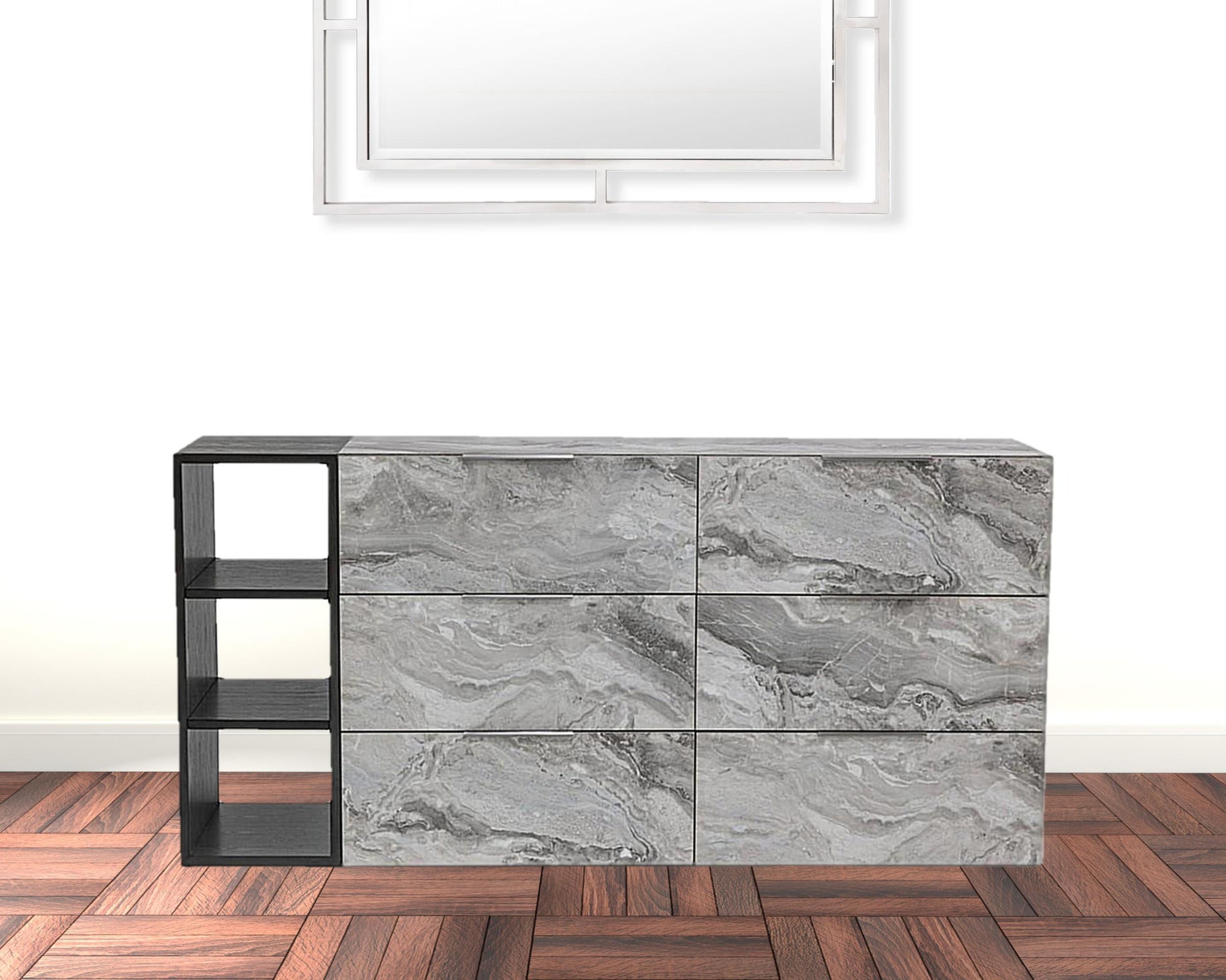 Grey Faux Marble and Black Wood Six Drawer Double Dresser By Homeroots | Dressers | Modishstore - 3