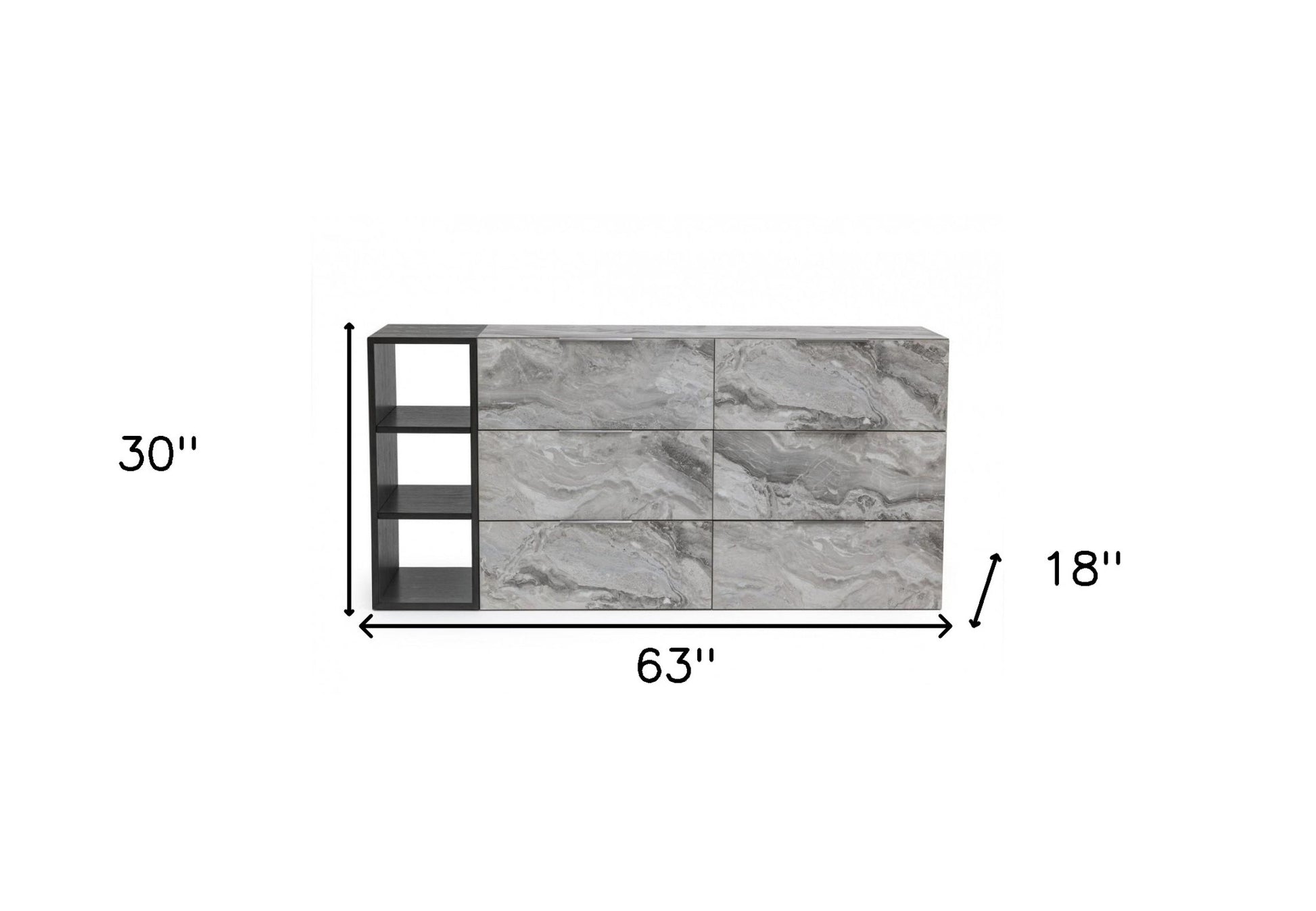 Grey Faux Marble and Black Wood Six Drawer Double Dresser By Homeroots | Dressers | Modishstore - 8