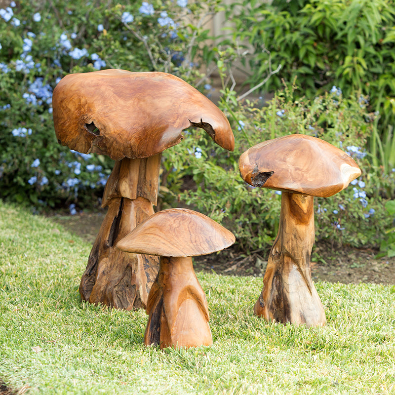 Habini Teak Wild Mushrooms Set of 2 By Garden Age Supply | Sculptures | Modishstore - 1