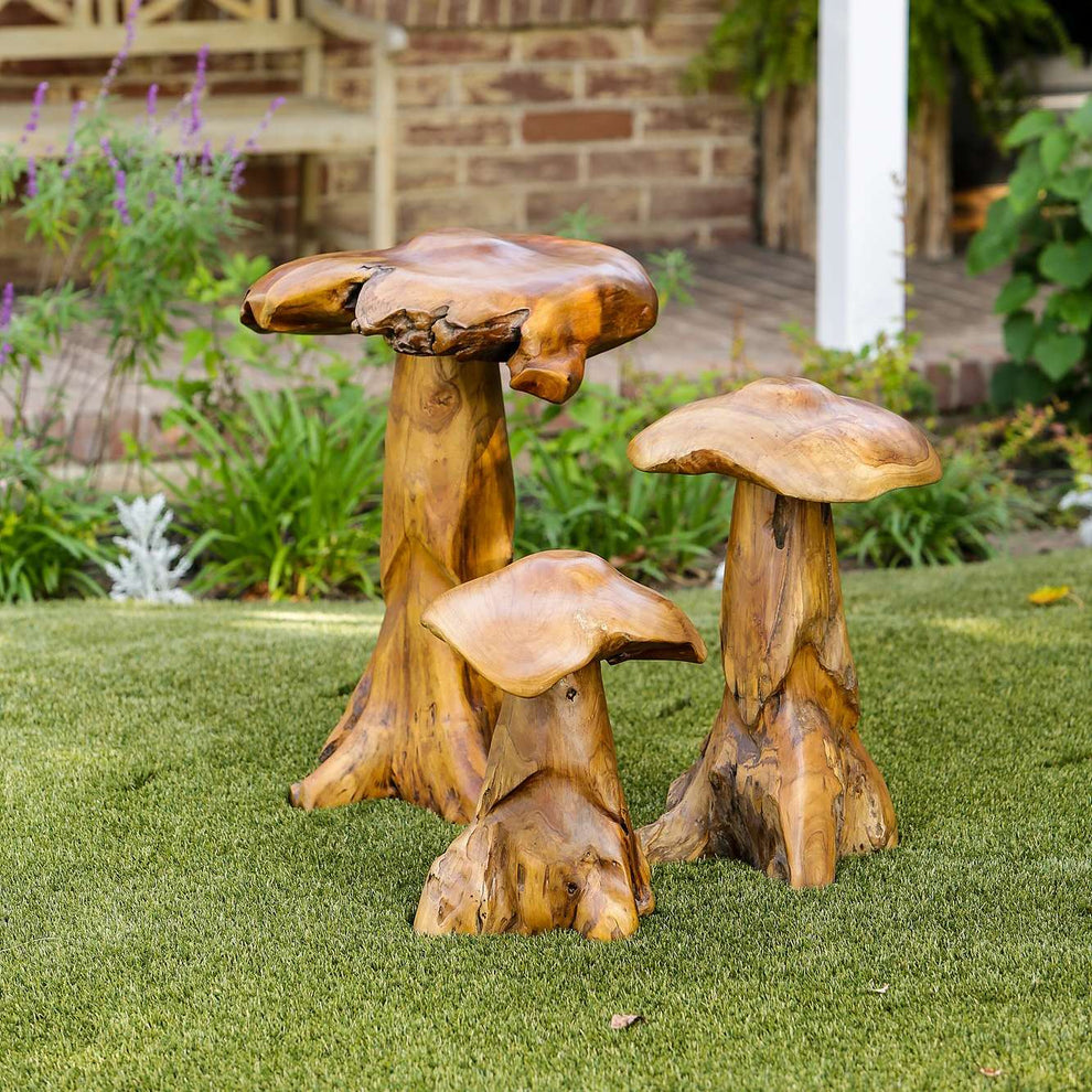 Habini Teak Wild Mushrooms Set of 2 By Garden Age Supply | Sculptures | Modishstore - 2