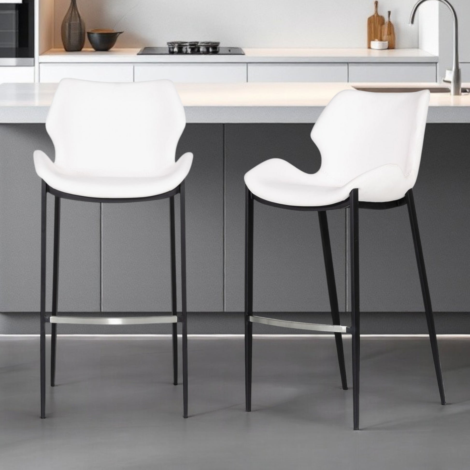 Set of Two White and Black Faux Leather and Steel Low Back Bar Height Bar Chairs By Homeroots | Bar Stools | Modishstore - 1