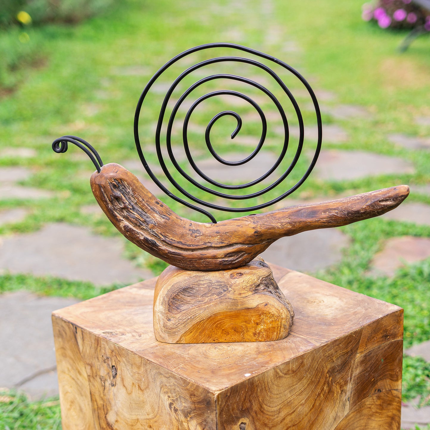 Teak Snail on Stand Set of 2 By Garden Age Supply