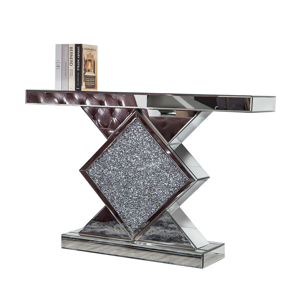 Clear and Silver Mirrored Glass And Faux Crystals Pedestal Console Table By Homeroots | Console Tables | Modishstore - 6