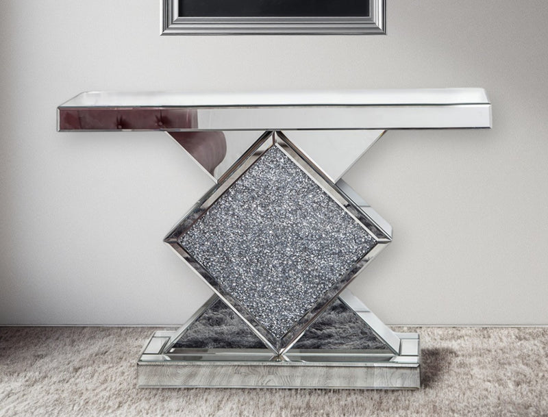 Clear and Silver Mirrored Glass And Faux Crystals Pedestal Console Table By Homeroots | Console Tables | Modishstore - 1