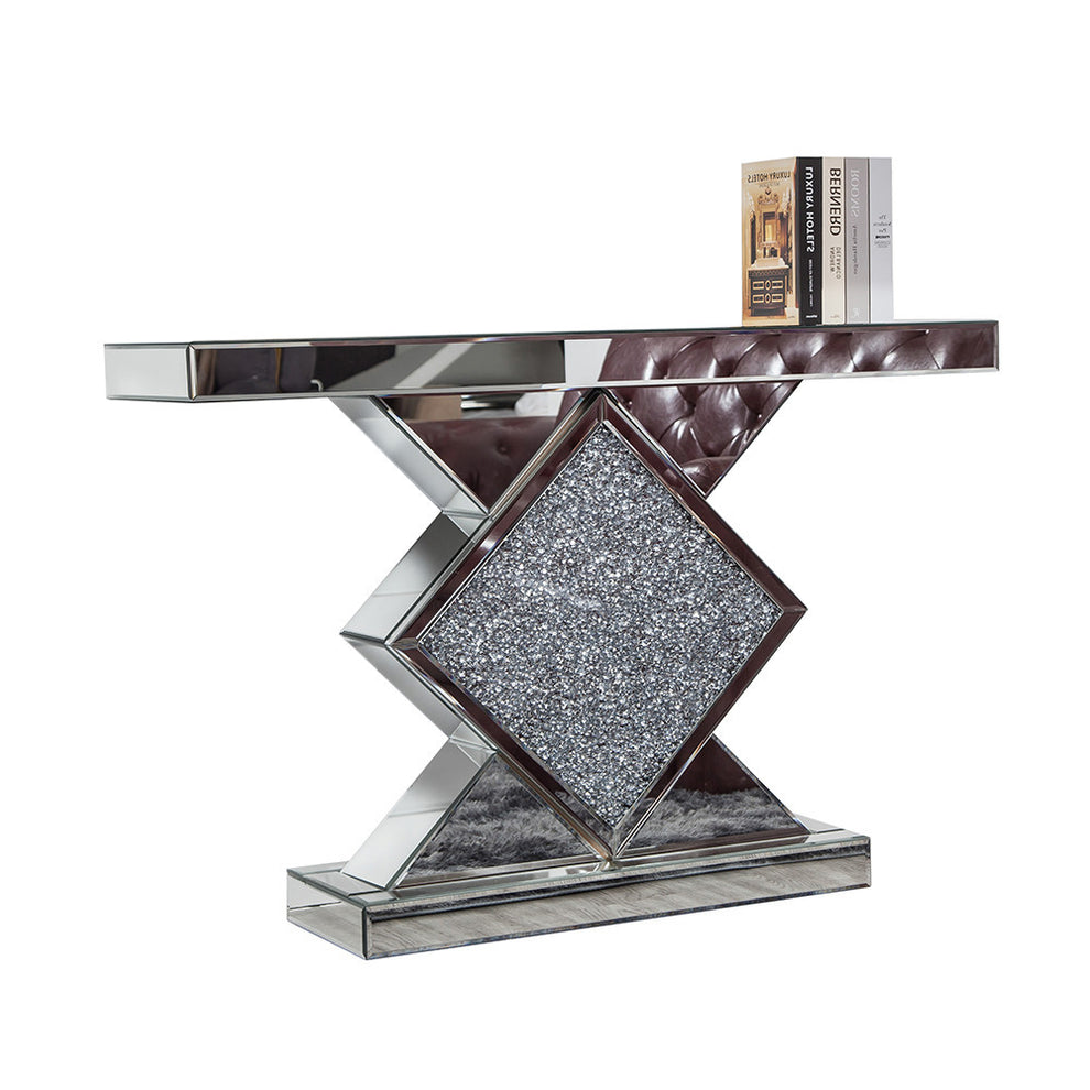 Clear and Silver Mirrored Glass And Faux Crystals Pedestal Console Table By Homeroots | Console Tables | Modishstore - 2