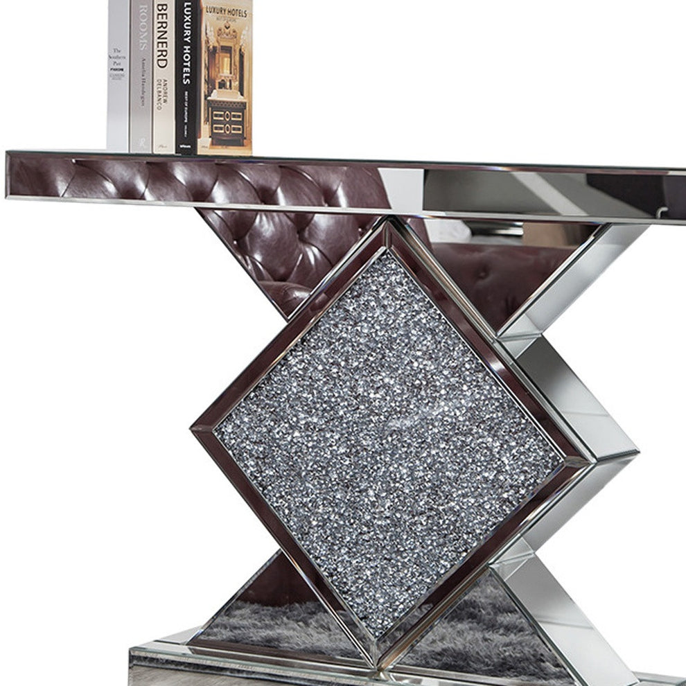 Clear and Silver Mirrored Glass And Faux Crystals Pedestal Console Table By Homeroots | Console Tables | Modishstore - 4