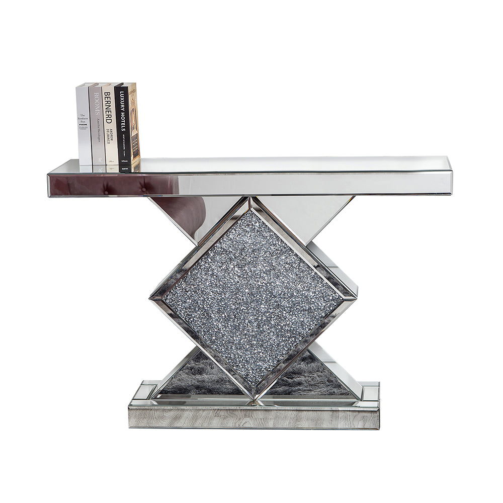 Clear and Silver Mirrored Glass And Faux Crystals Pedestal Console Table By Homeroots | Console Tables | Modishstore - 3