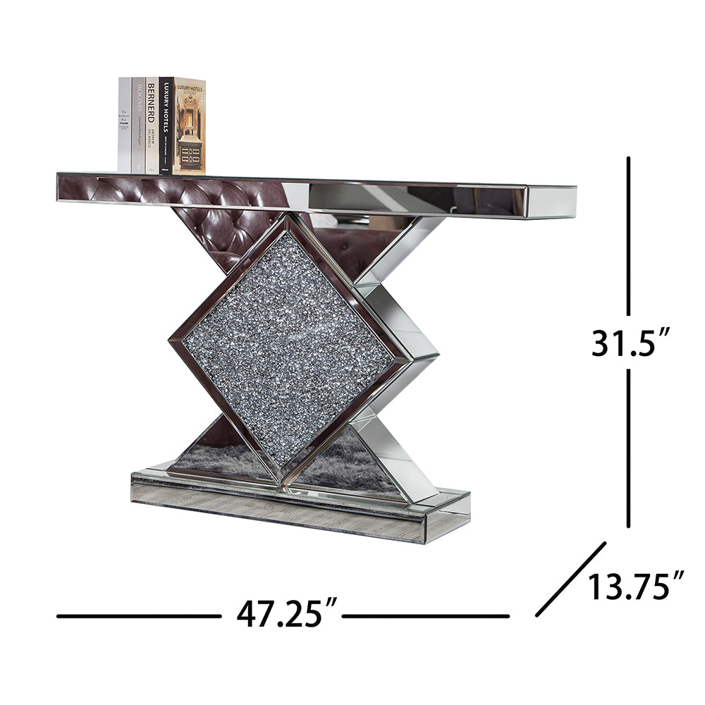 Clear and Silver Mirrored Glass And Faux Crystals Pedestal Console Table By Homeroots | Console Tables | Modishstore - 5