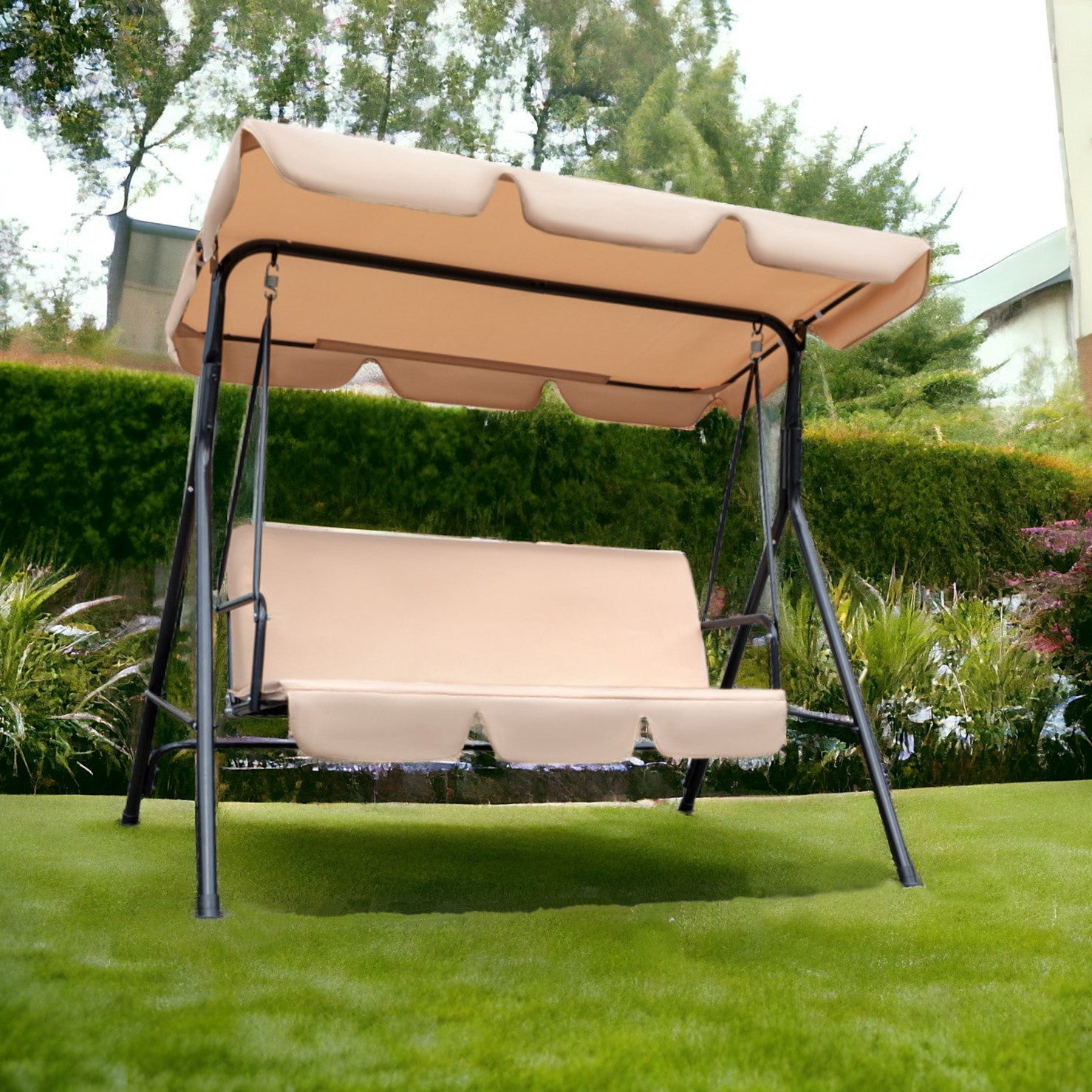 Beige Steel Outdoor Swing Chair with Beige Cushion By Homeroots | Outdoor Chairs | Modishstore - 1