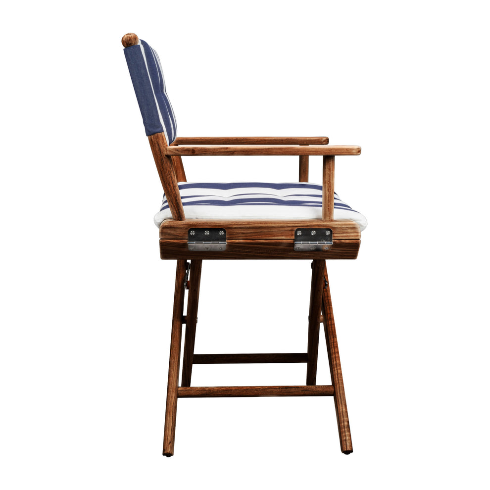Blue and White and Natural Wood Solid Wood Indoor Outdoor Director Chair with Blue and White Cushion By Homeroots | Outdoor Chairs | Modishstore - 3