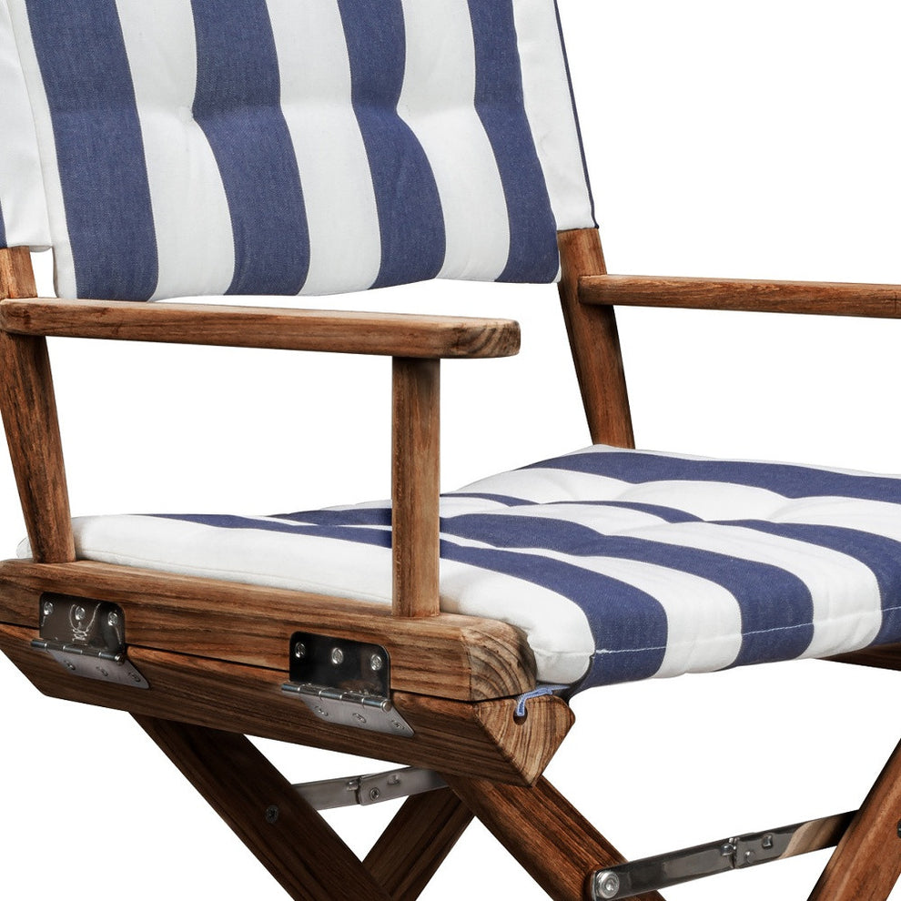 Blue and White and Natural Wood Solid Wood Indoor Outdoor Director Chair with Blue and White Cushion By Homeroots | Outdoor Chairs | Modishstore - 4