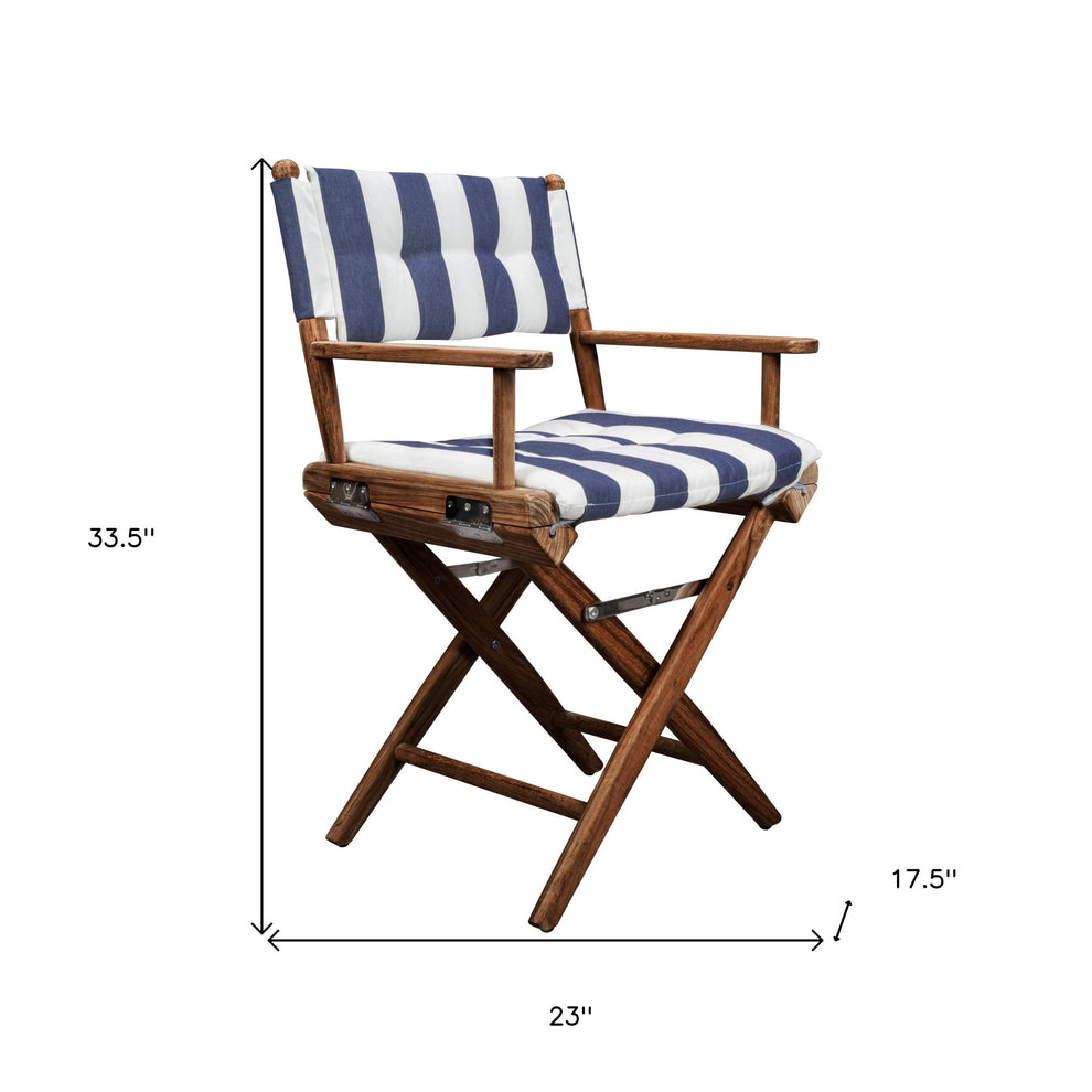 Blue and White and Natural Wood Solid Wood Indoor Outdoor Director Chair with Blue and White Cushion By Homeroots | Outdoor Chairs | Modishstore - 5