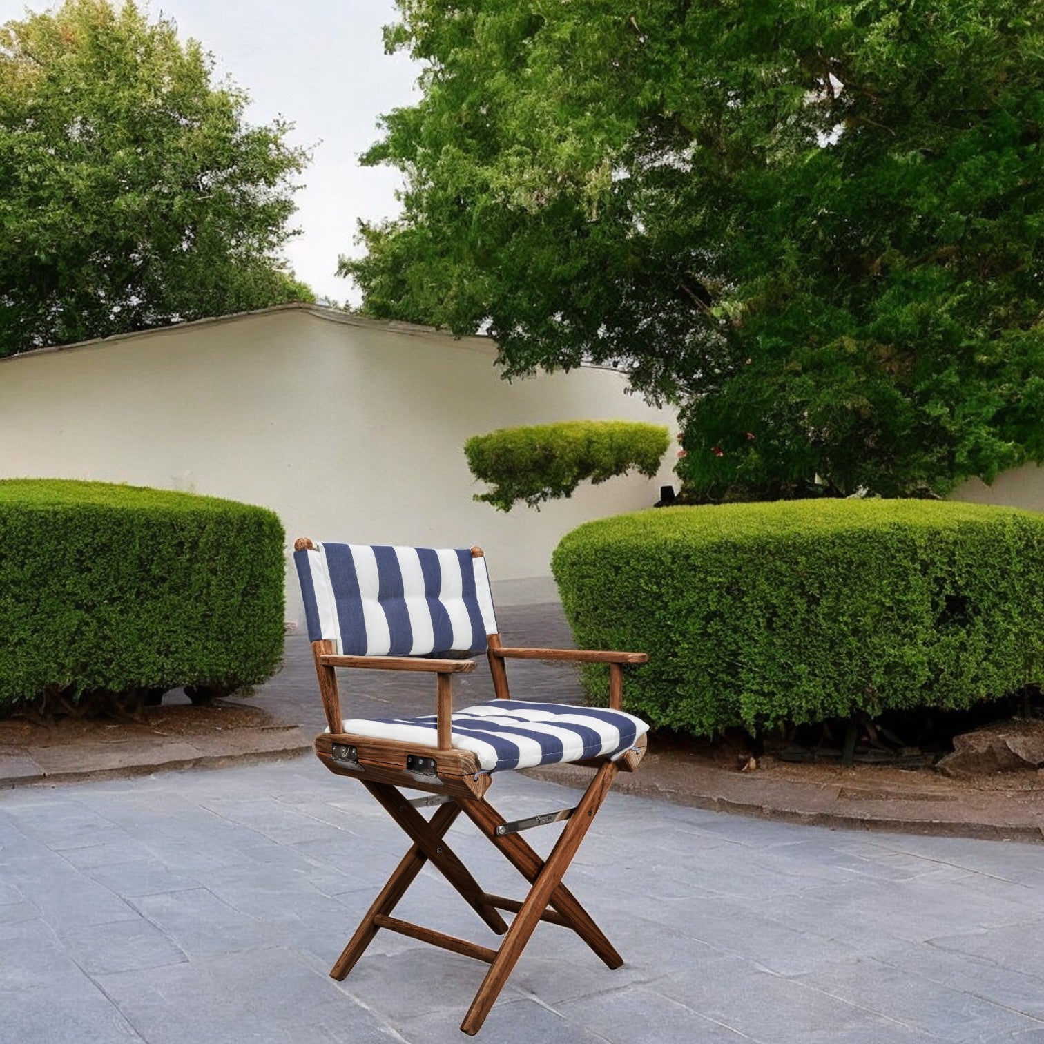 Blue and White and Natural Wood Solid Wood Indoor Outdoor Director Chair with Blue and White Cushion By Homeroots | Outdoor Chairs | Modishstore - 2