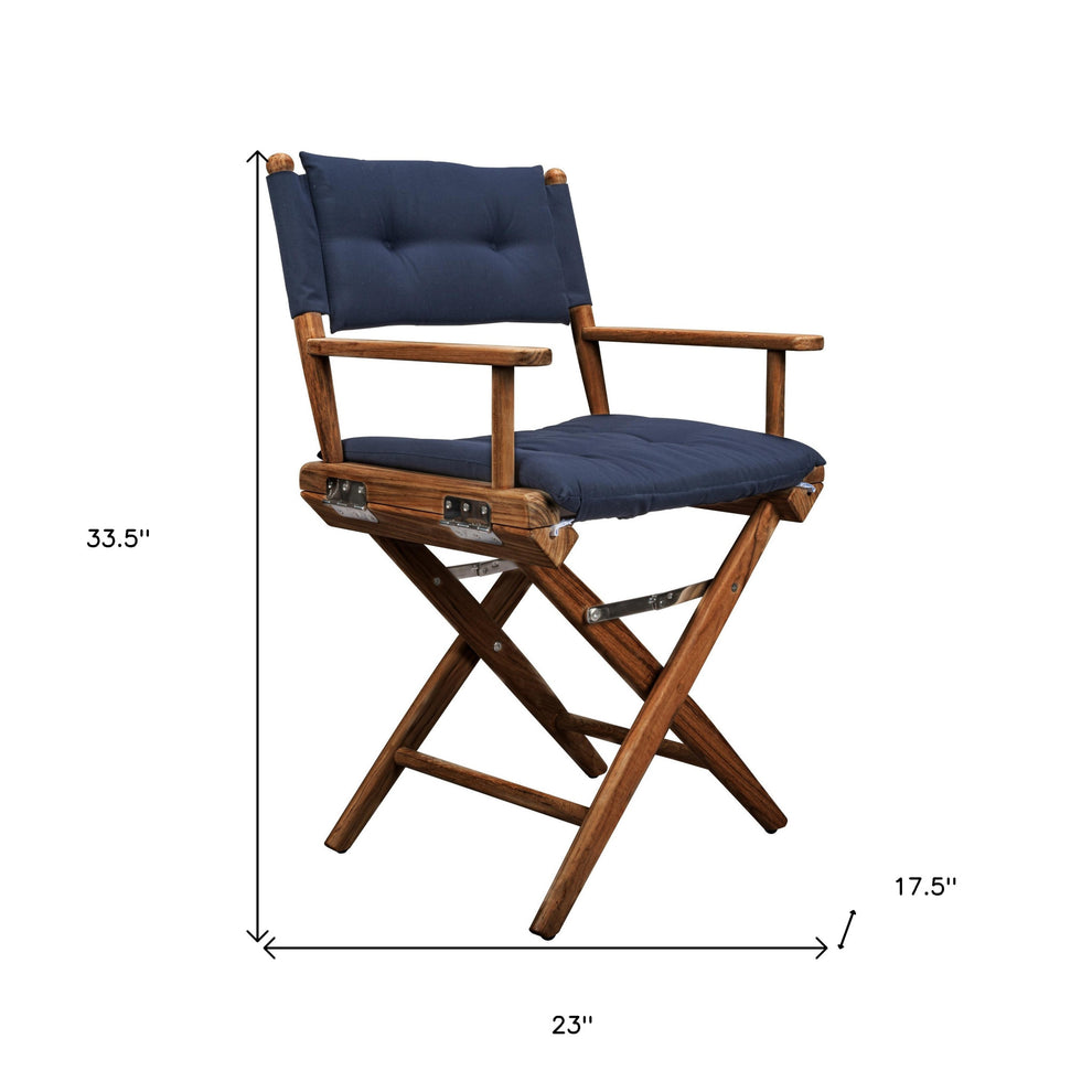 Navy Blue and Brown Solid Wood Indoor Outdoor Director Chair with Navy Blue Cushion By Homeroots | Outdoor Chairs | Modishstore - 5