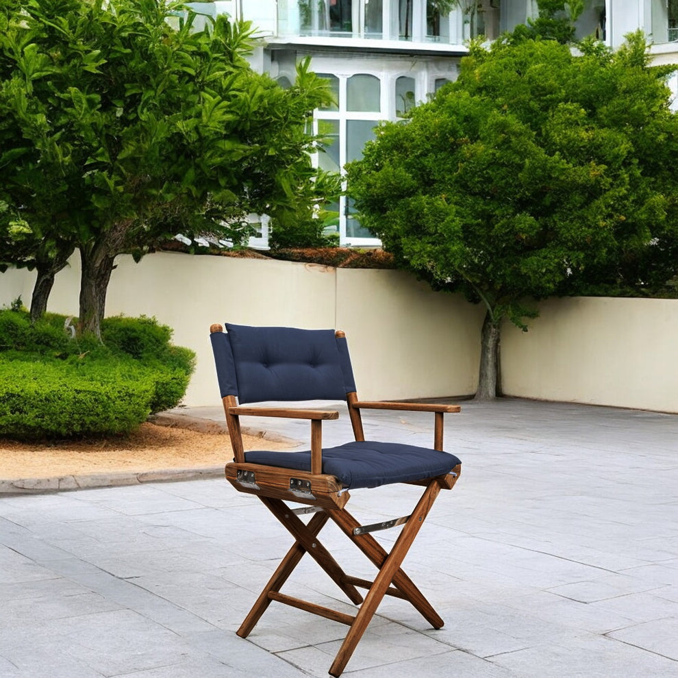 Navy Blue and Brown Solid Wood Indoor Outdoor Director Chair with Navy Blue Cushion By Homeroots | Outdoor Chairs | Modishstore - 2